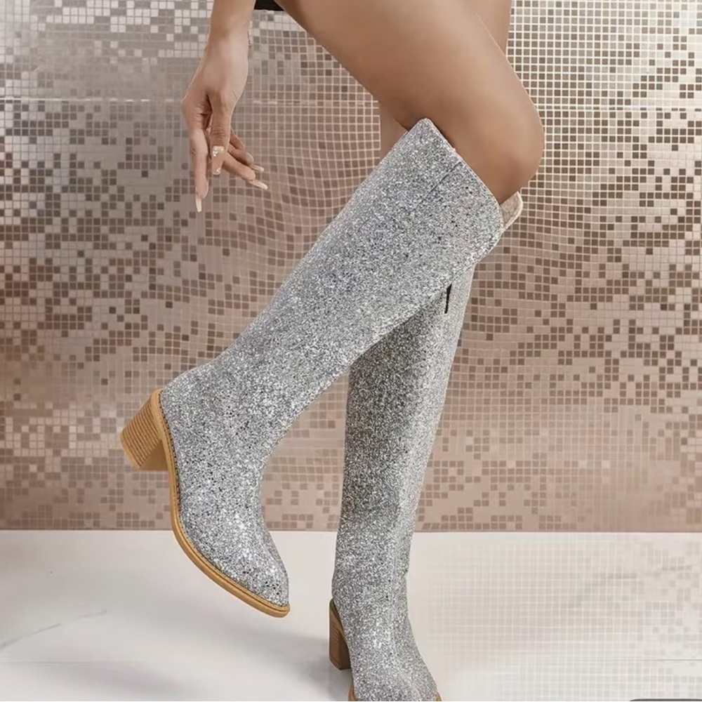 Silver Glitter Knee-High Boots